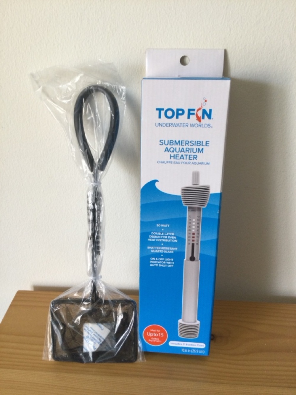 New in Box! Top Fin Submersible Aquarium Heater 50-Watt Auto Shut-Off w/Fish Net